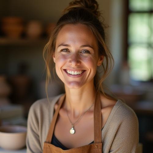 Portrait of Elara Thorne, founder of Maple Gaze, smiling warmly in her pottery studio.